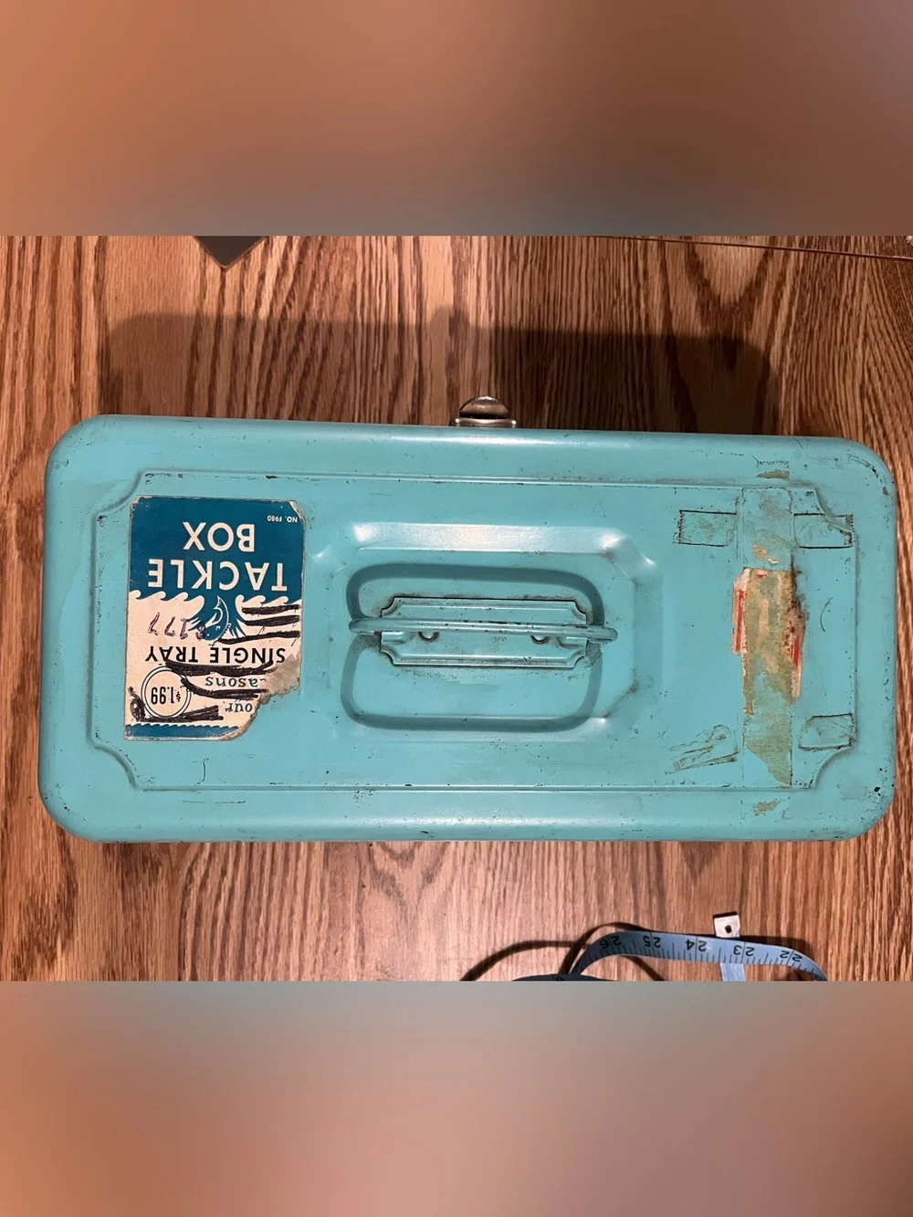 Vintage Teal Blue Metal Storage tackle box with divider Tray